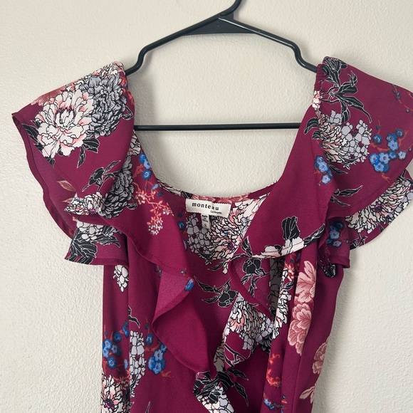 Monteau Wine Floral Ruffle Wrap Midi Dress - Picture 2 of 9